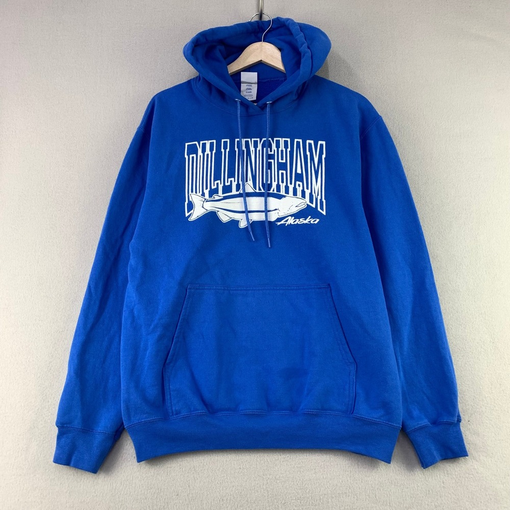 Dillingham Alaska Hoodie Mens Medium Blue Salmon Graphic Novelty Sweatshirt